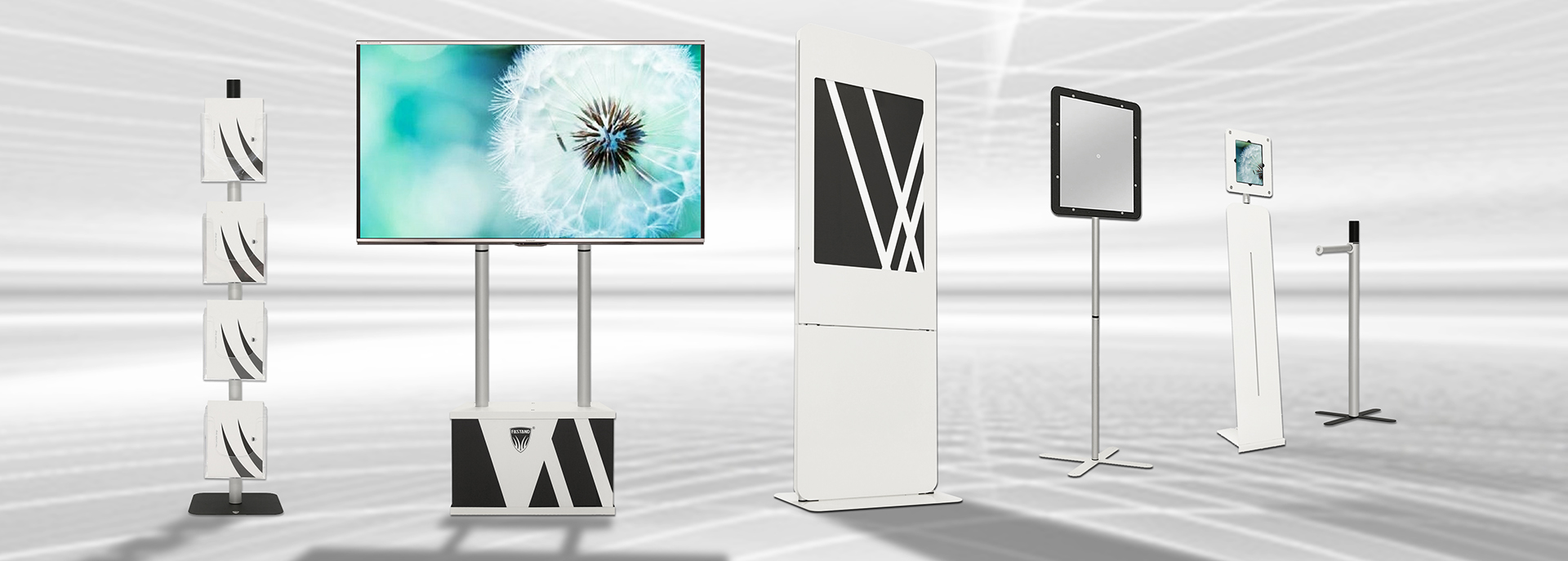 suportes de vídeo, suportes para tablets, suportes para catálogo, acessórios para feiras comerciais