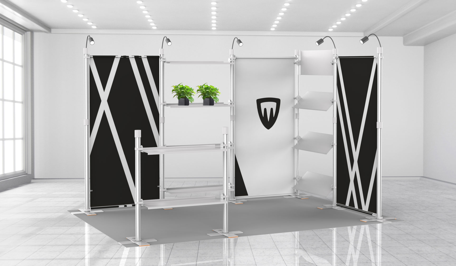 stand de feira com prateleiras e nichos expositivos