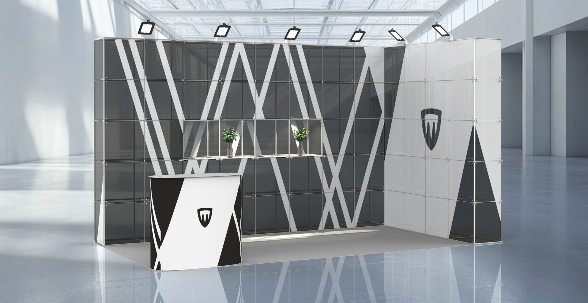 stand de feira com prateleiras e nichos expositivos